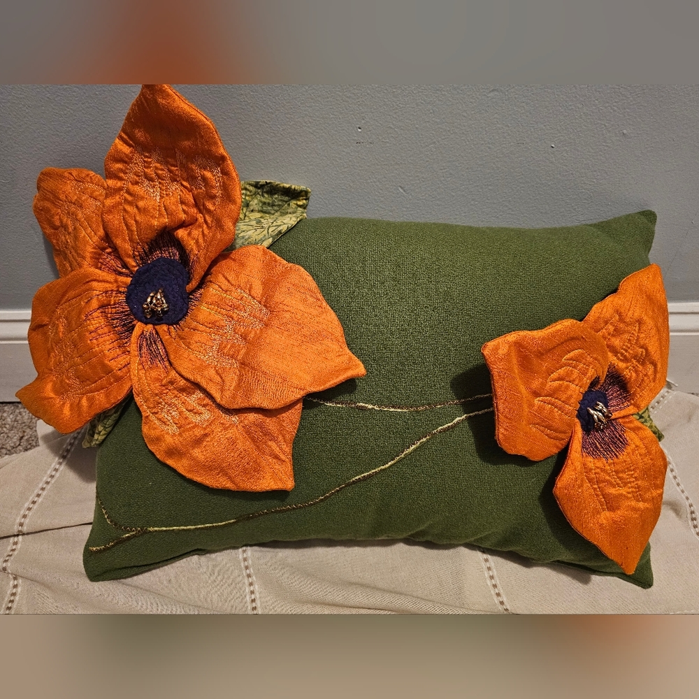 Vintage Rectangle Felt Pillow, Green Layered Multi  Flowers 21in X 14in